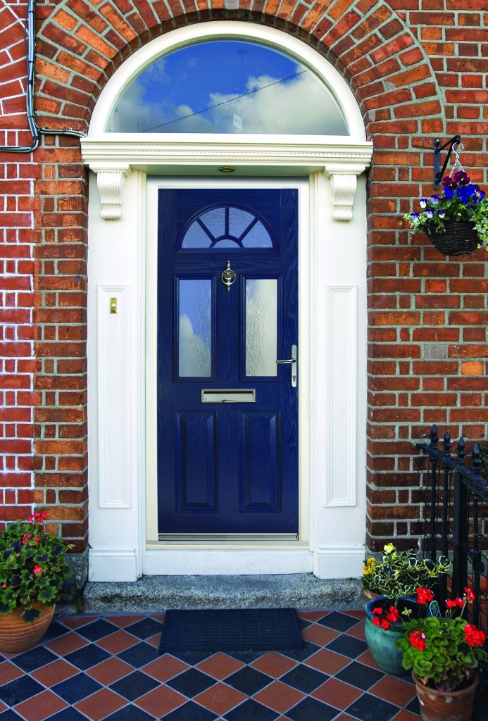 Blue composite door with arched top light