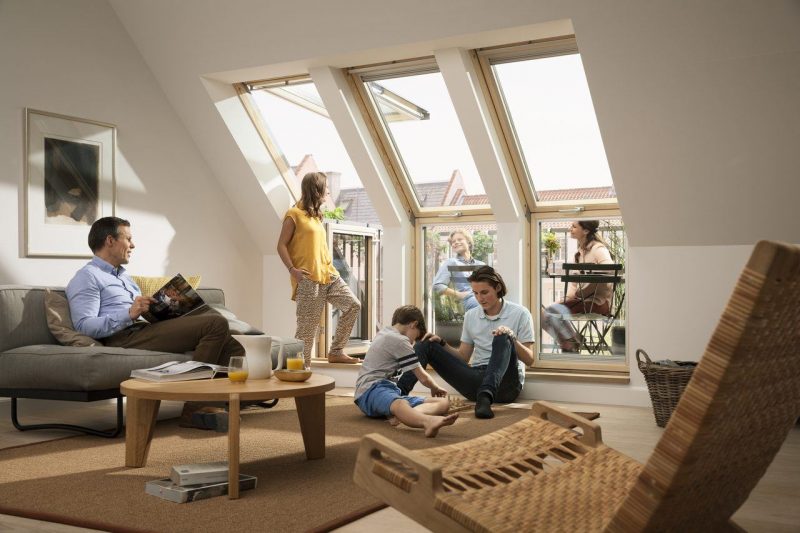 velux windows in living space with friends talking