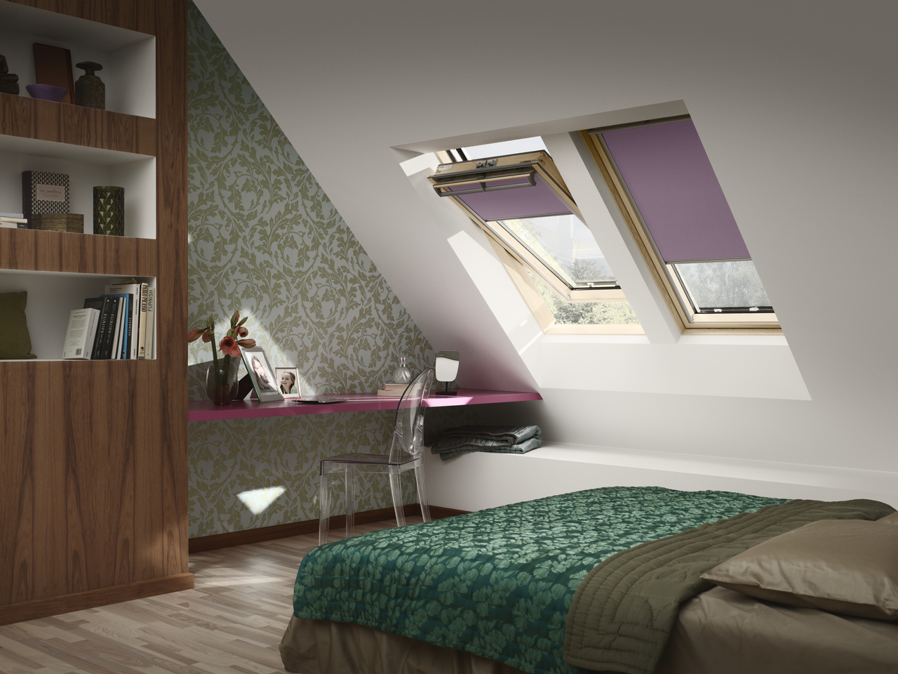 velux window with purple blind