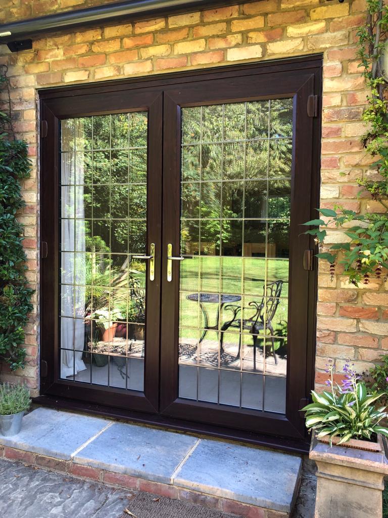 slimline leaded glass french doors in rosewood