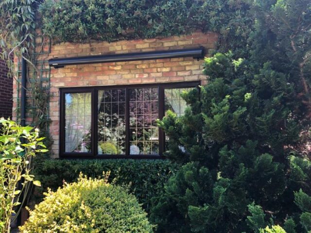 slimline leaded glass casement window in rosewood