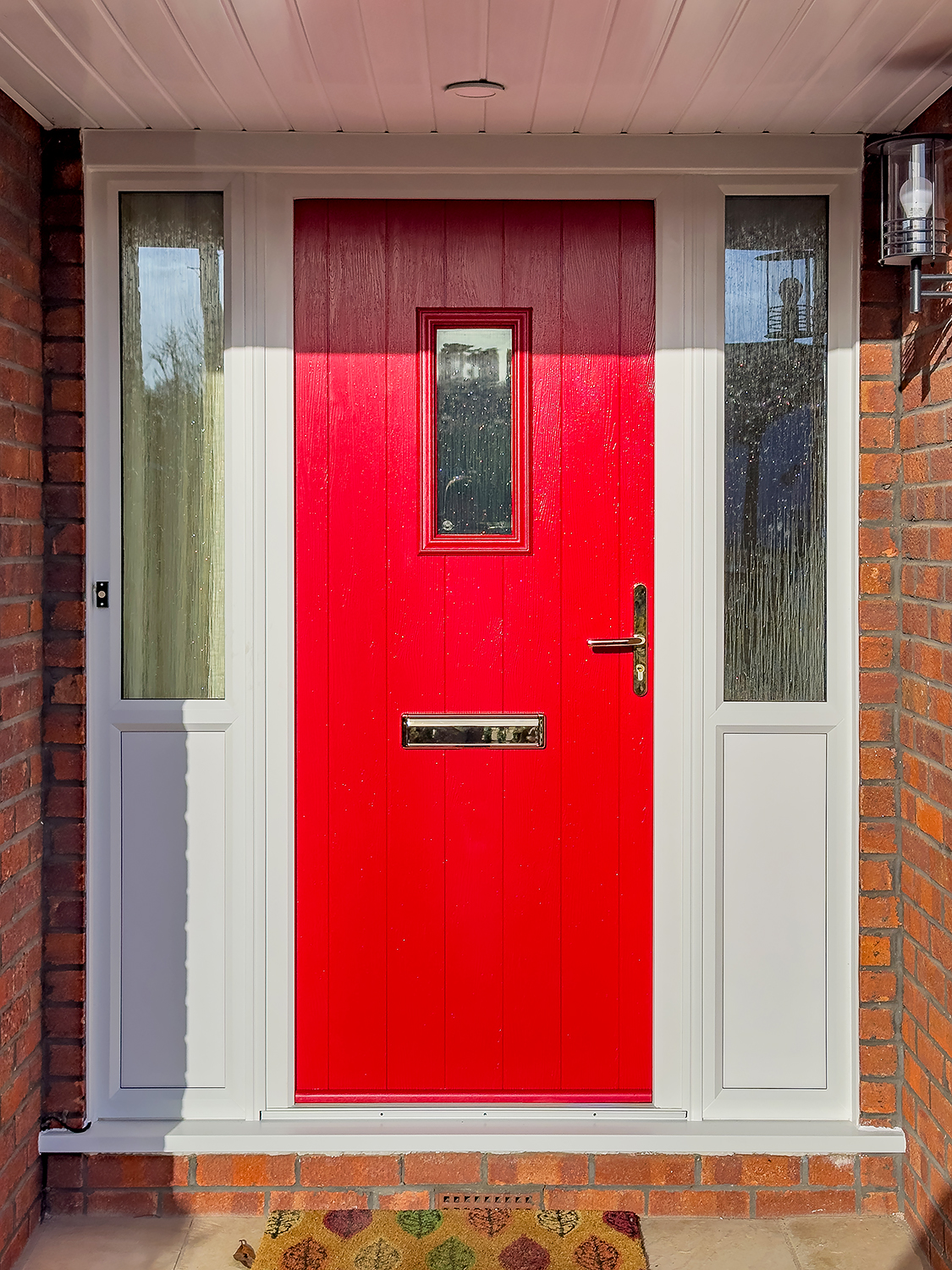 Claygate red composite front door sheerwater glass