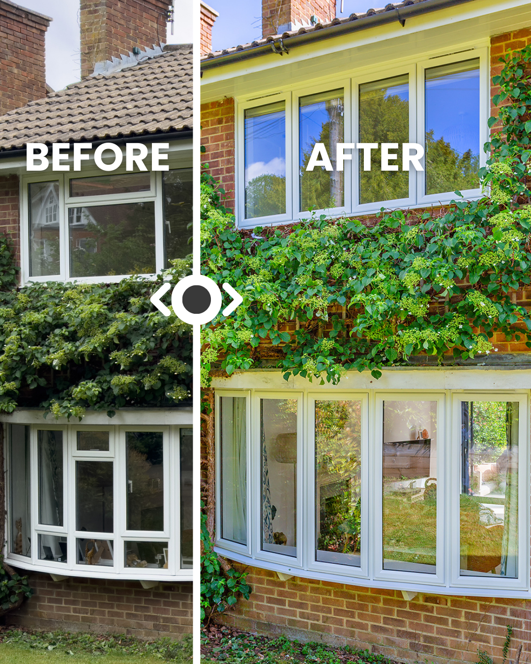 Before and after image of semi-detached house with white bay window, with new uPVC Slimline windows, energy-efficient replacement complete